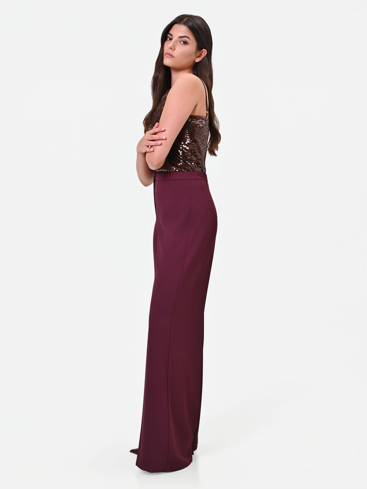 Pantalone palazzo bordeaux con bottone piatto in cadi