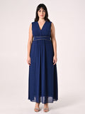 Abito Blu Curvy Lungo con Piping Strass