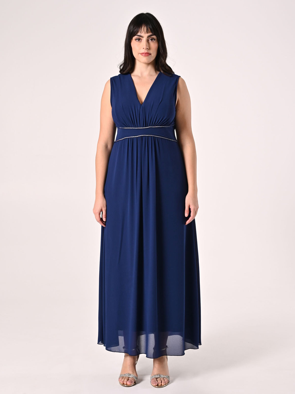 Abito Blu Curvy Lungo con Piping Strass