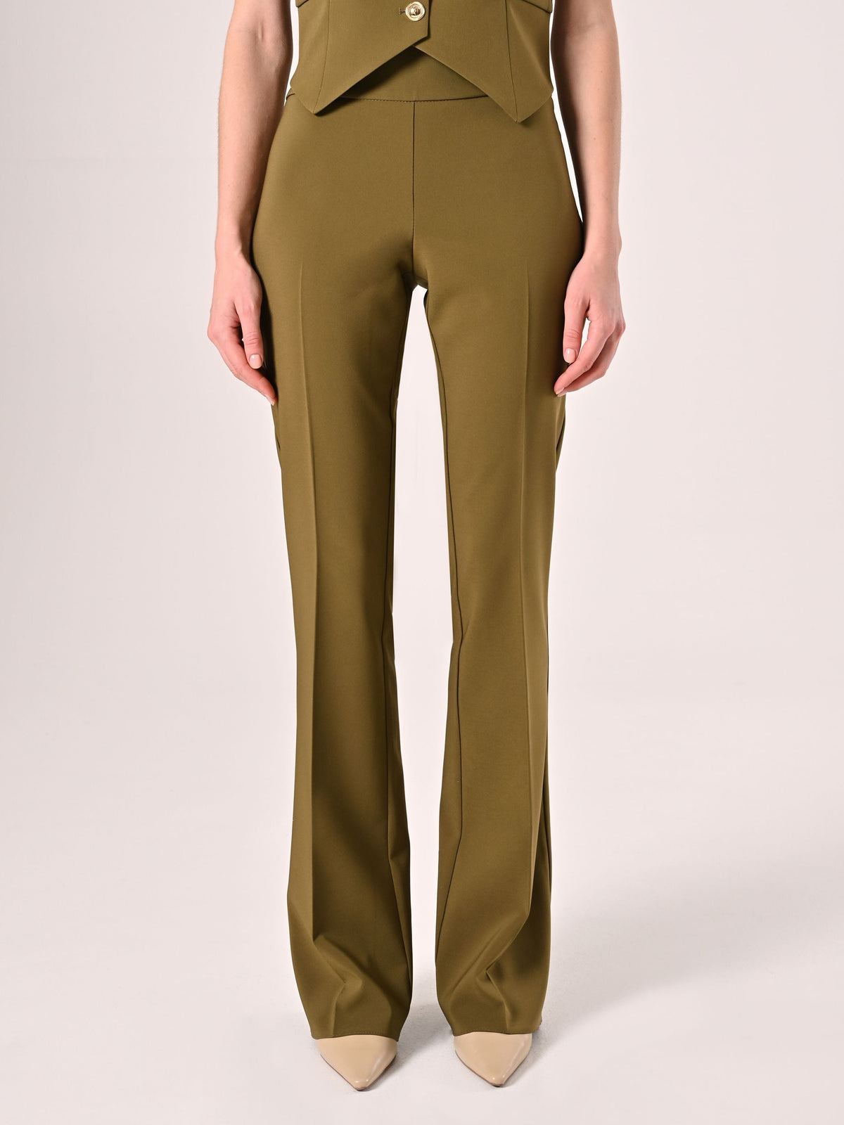 Pantaloni in Tessuto Tecnico Verde Militare con Fascione in Vita