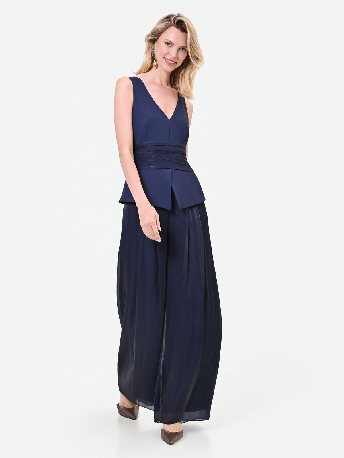 Tuta fluida in raso cangiante blu navy