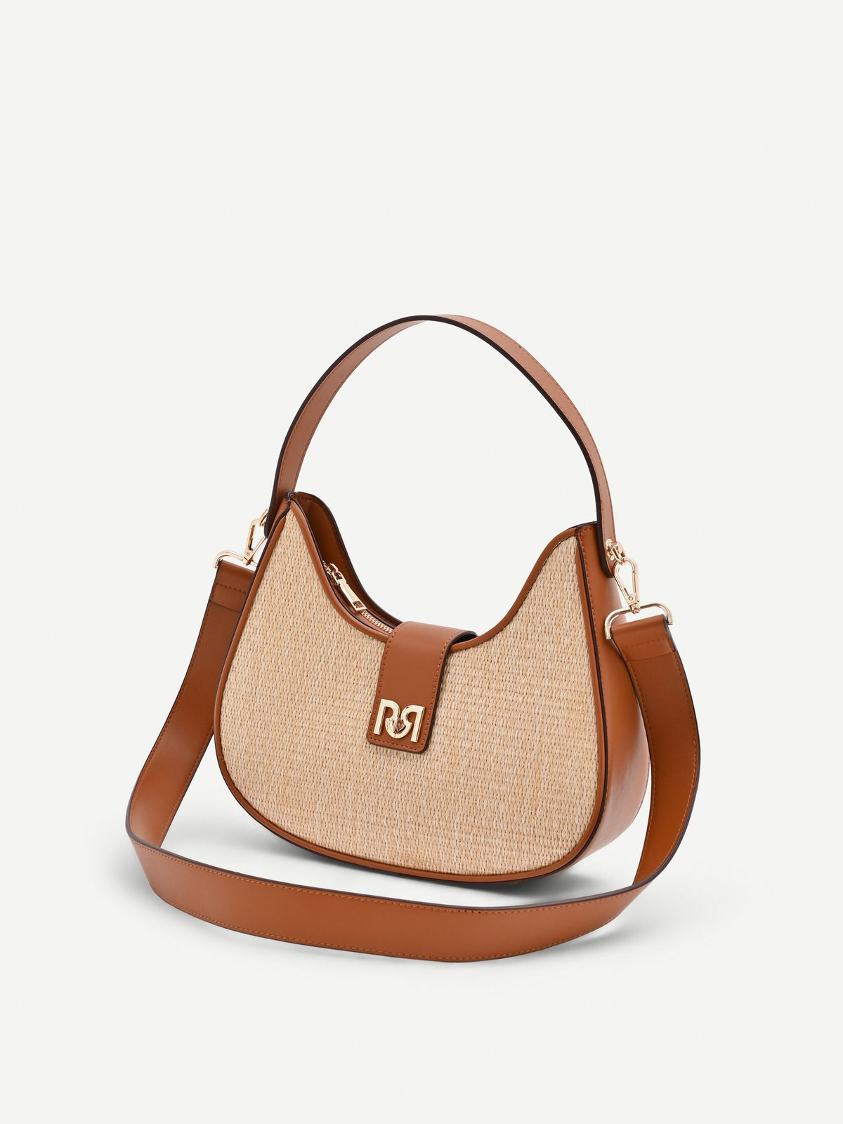 Borsa a sella beige effetto raffia