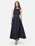 Abito blu navy jacquard con gonna ampia