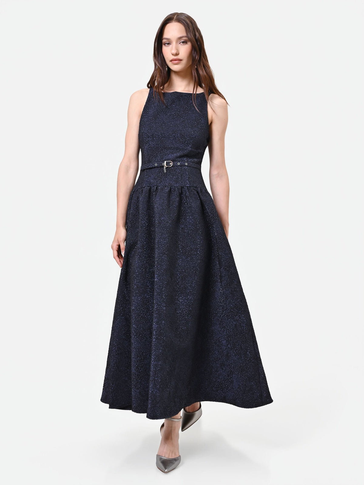 Abito blu navy jacquard con gonna ampia