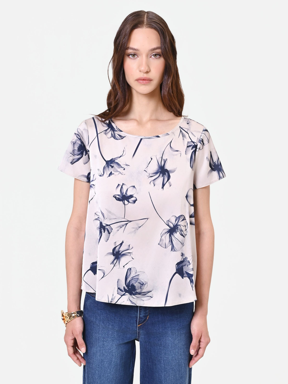 Blusa con stampa floreale blu navy