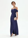 Abito lungo atelier blu indaco con drappeggio laterale