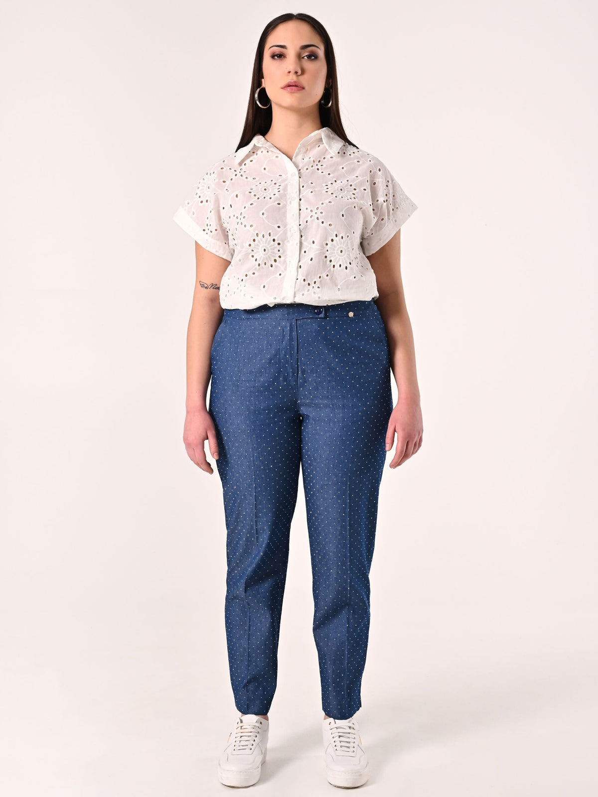 Pantaloni Curvy in Chambray con Strass