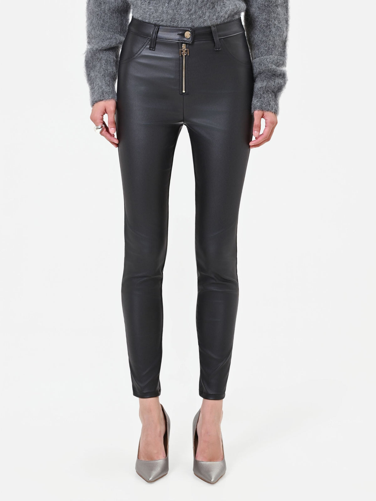 Leggings neri in similpelle con zip frontale