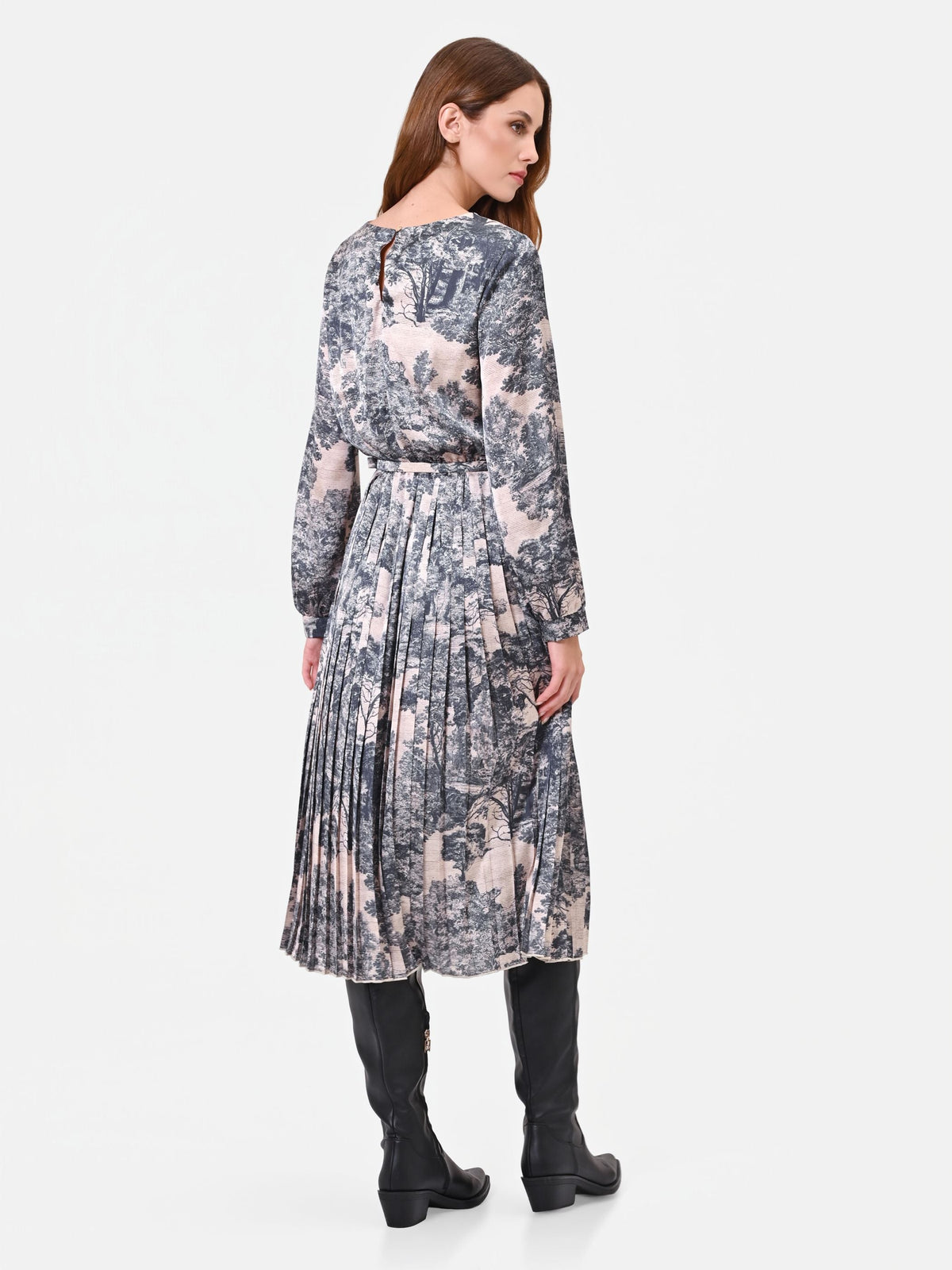 Abito midi grigio toile de jouy con gonna plissettata