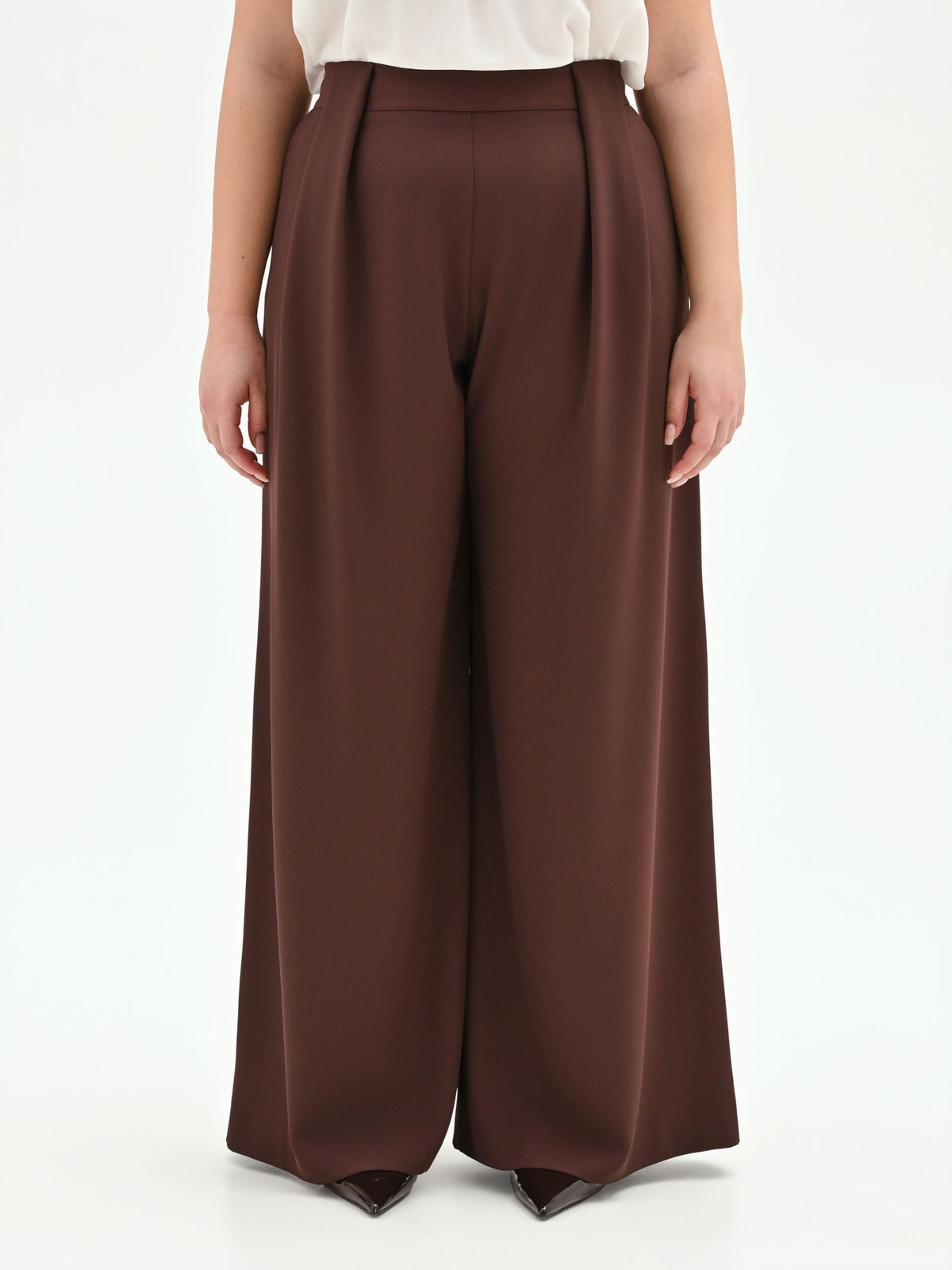 Pantalone curvy a palazzo cioccolato con pinces