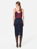 Gonna tubino blu navy in denim con bottoni dorati