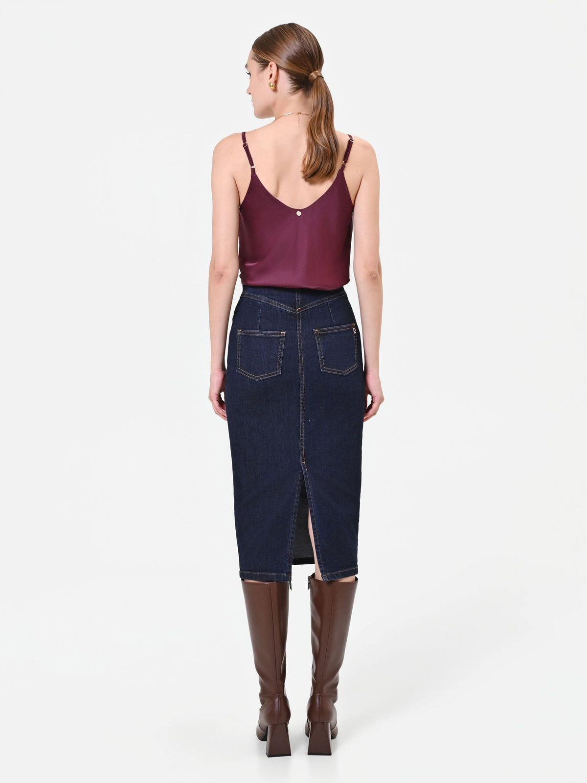 Gonna tubino blu navy in denim con bottoni dorati
