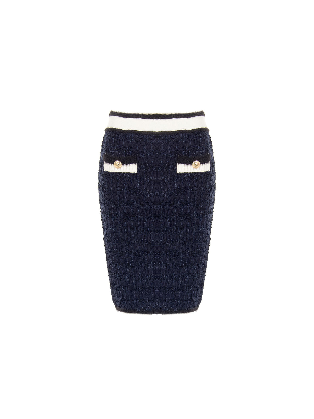 Gonna tubino in maglia blu navy con profili a contrasto