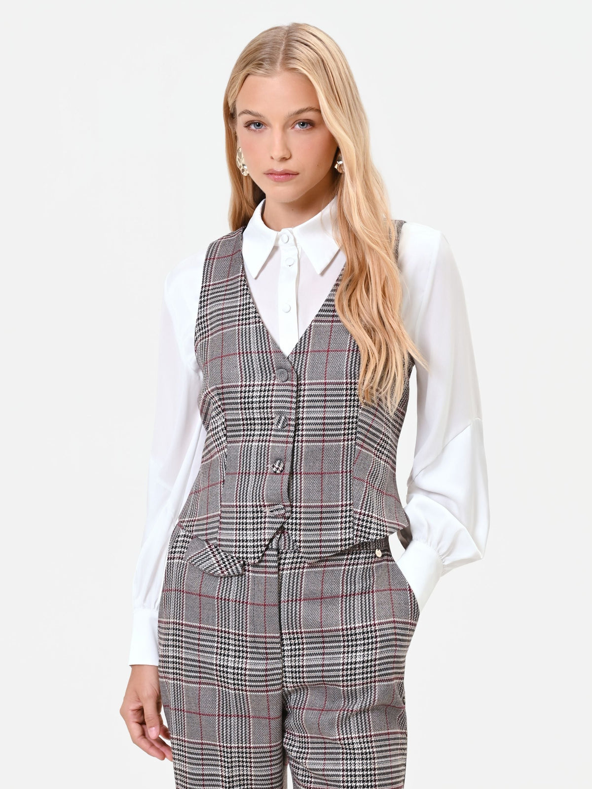 Gilet principe di galles tortora beige in poliviscosa