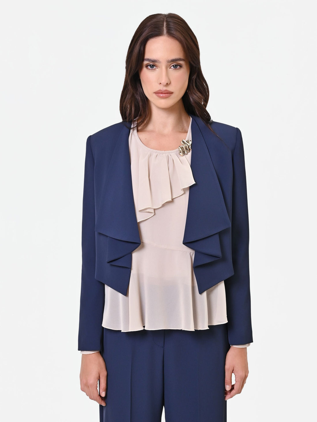 Giacca corta blu navy con revers a cascata