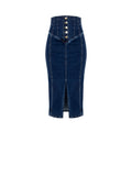 Gonna longuette denim blu navy con bottoni dorati