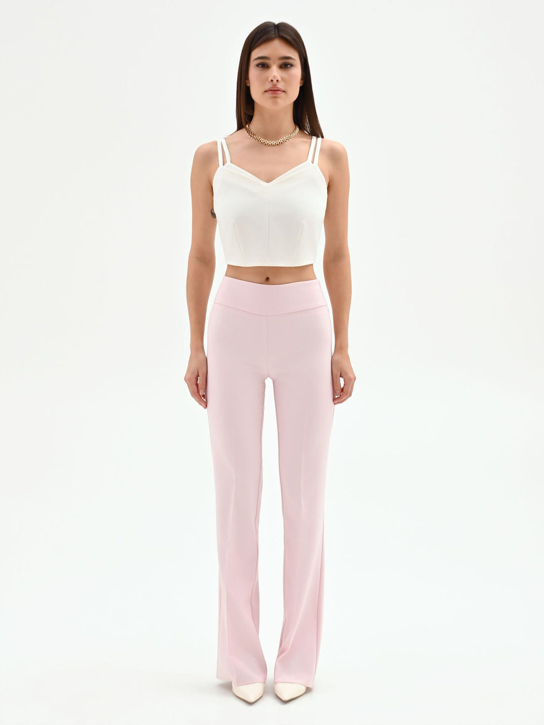 Pantalone mid flared rosa pastello a vita alta