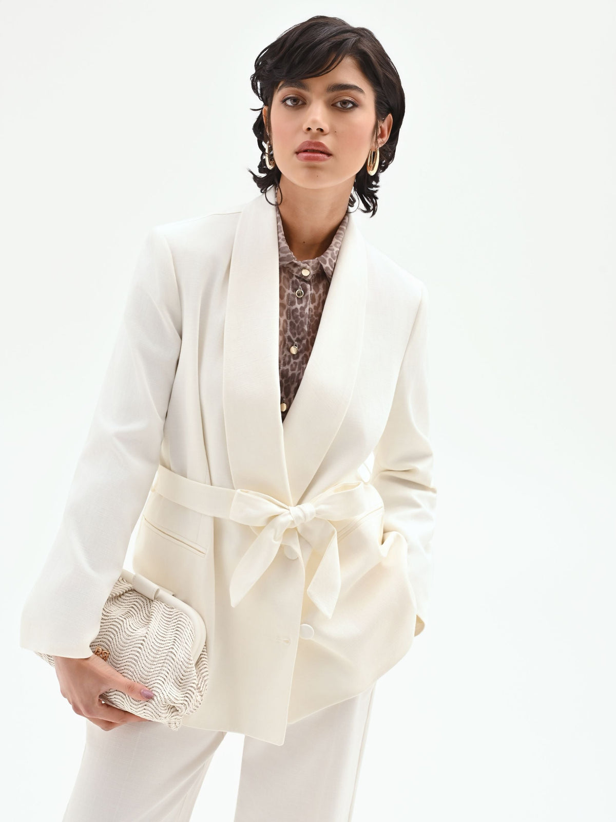 Giacca blazer doppiopetto in misto cotone lyocell bianco