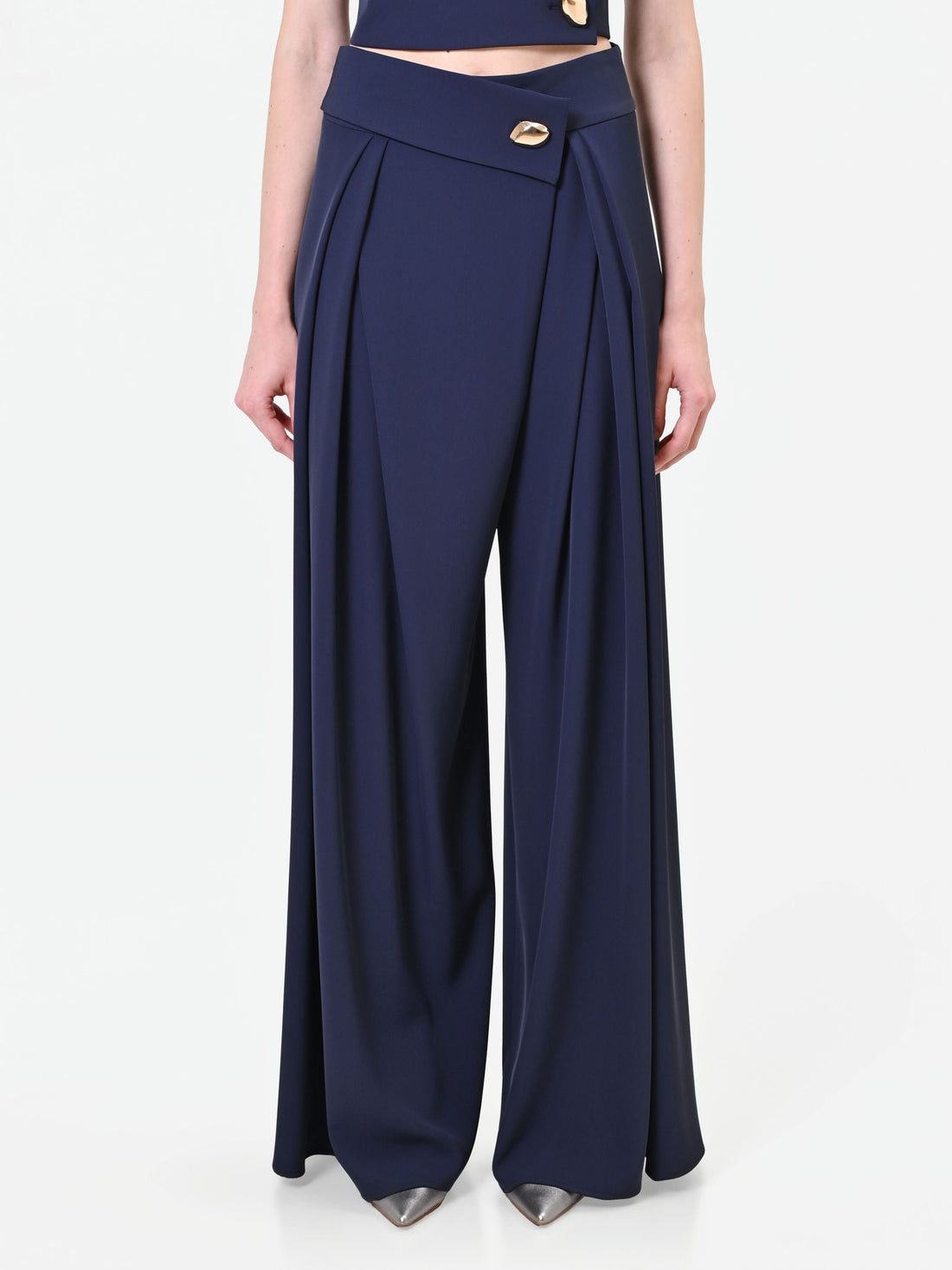 Pantalone palazzo blu navy con bottone design