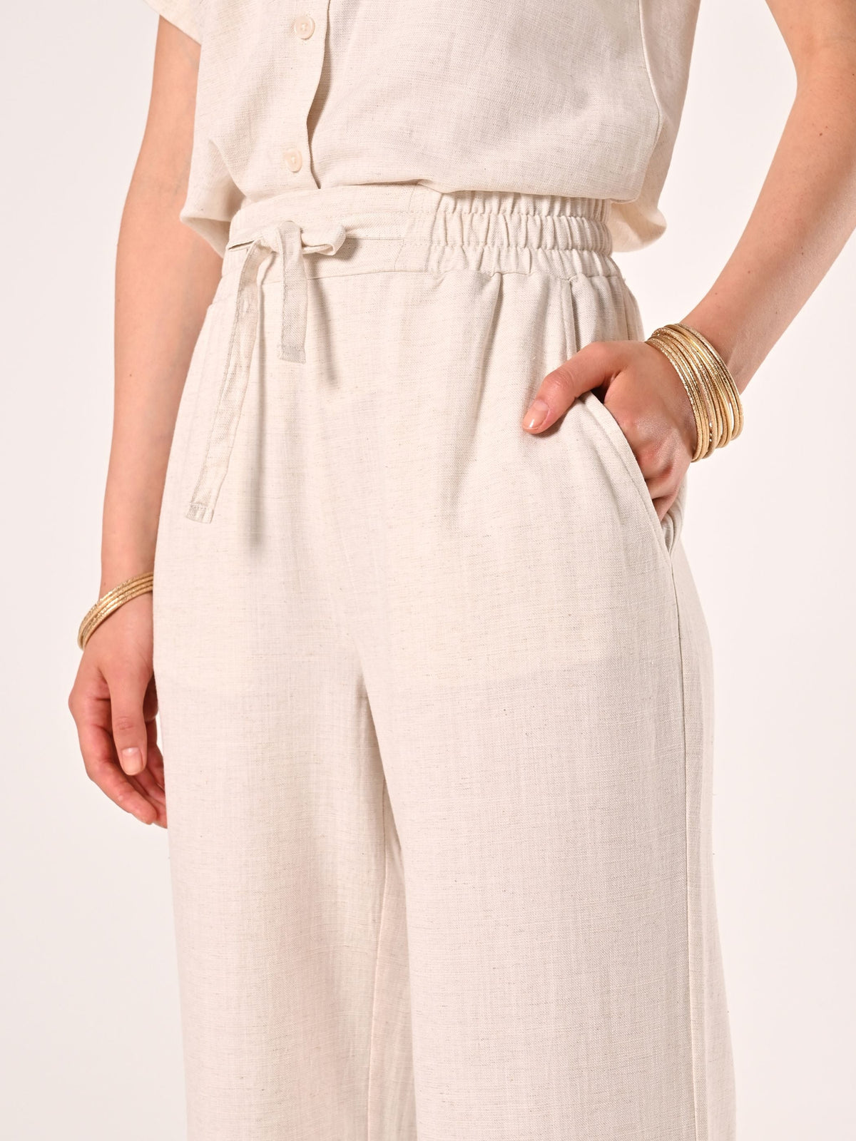 Pantaloni Beige Ampi in Lino Cotone