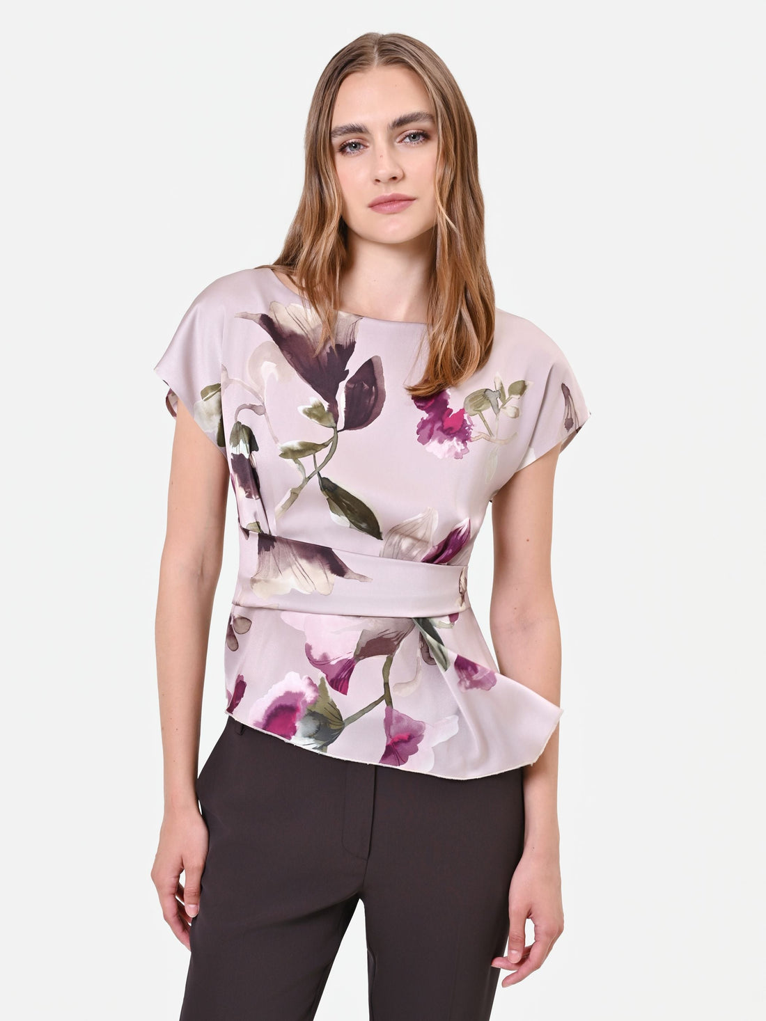 Blusa in raso tortora beige con stampa floreale
