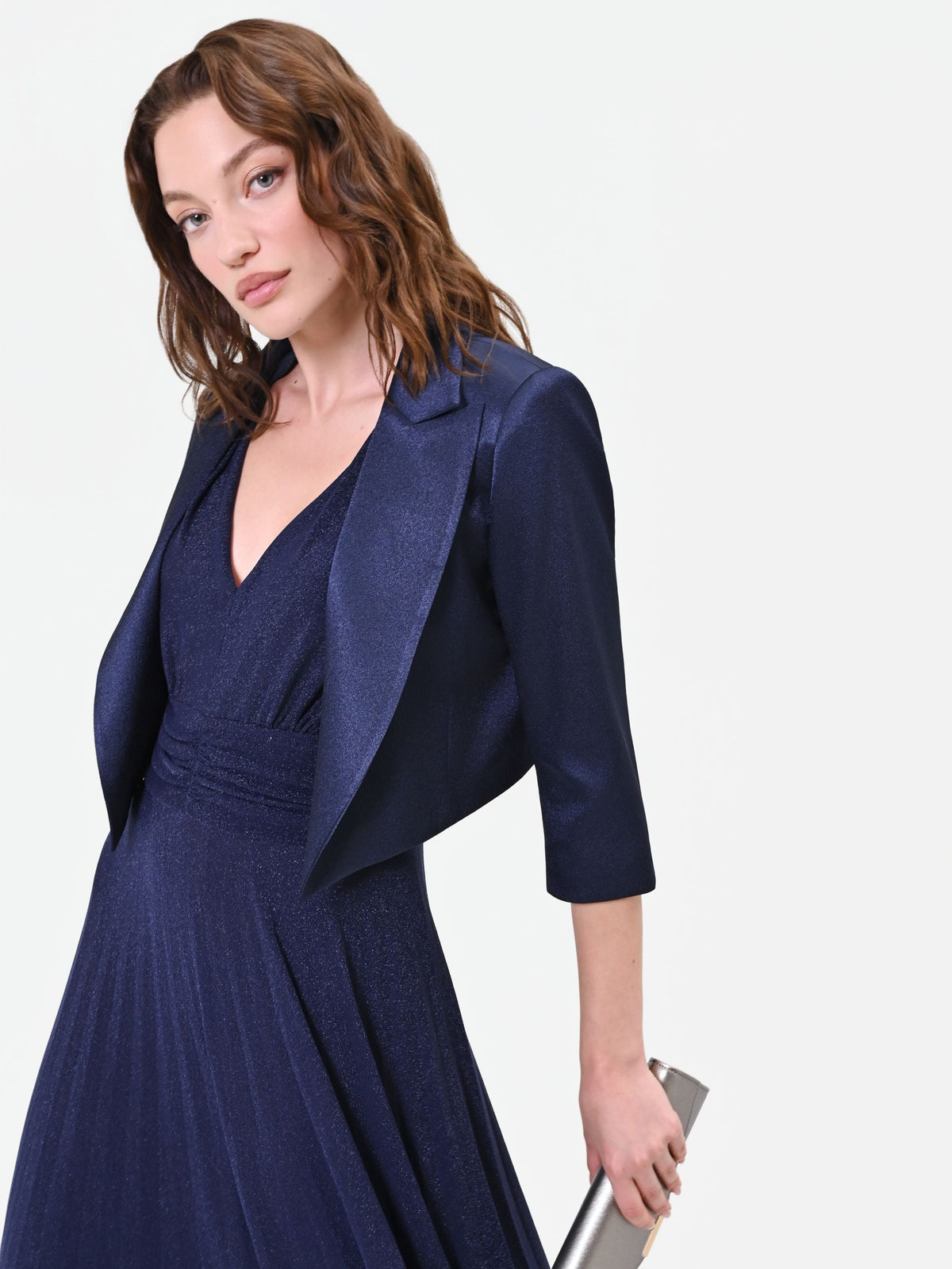 Giacca bolero blu navy con revers in raso
