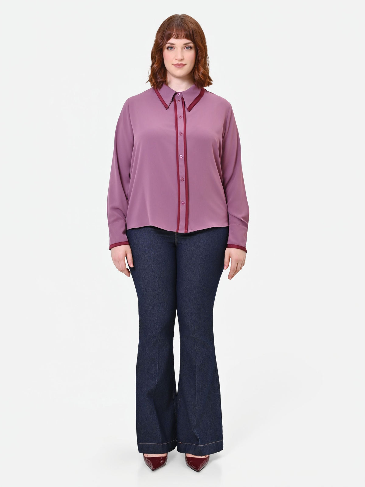 Camicia  Curvy in raso rosa antico con profili a contrasto