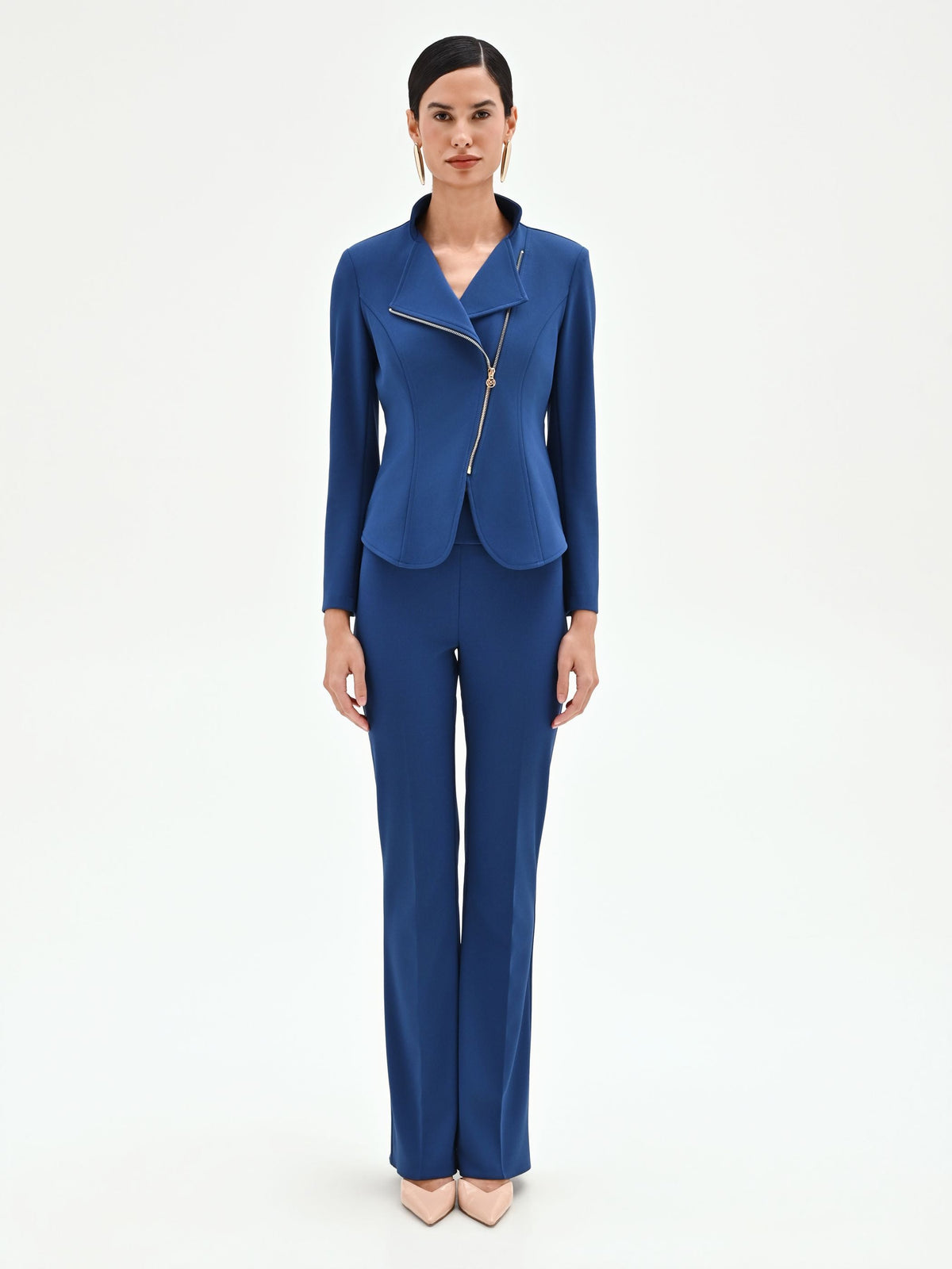 Giacca blu brillante con zip asimmetrica