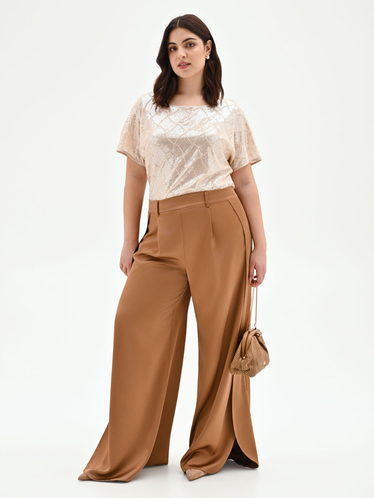Pantalone curvy a palazzo marrone bronzo
