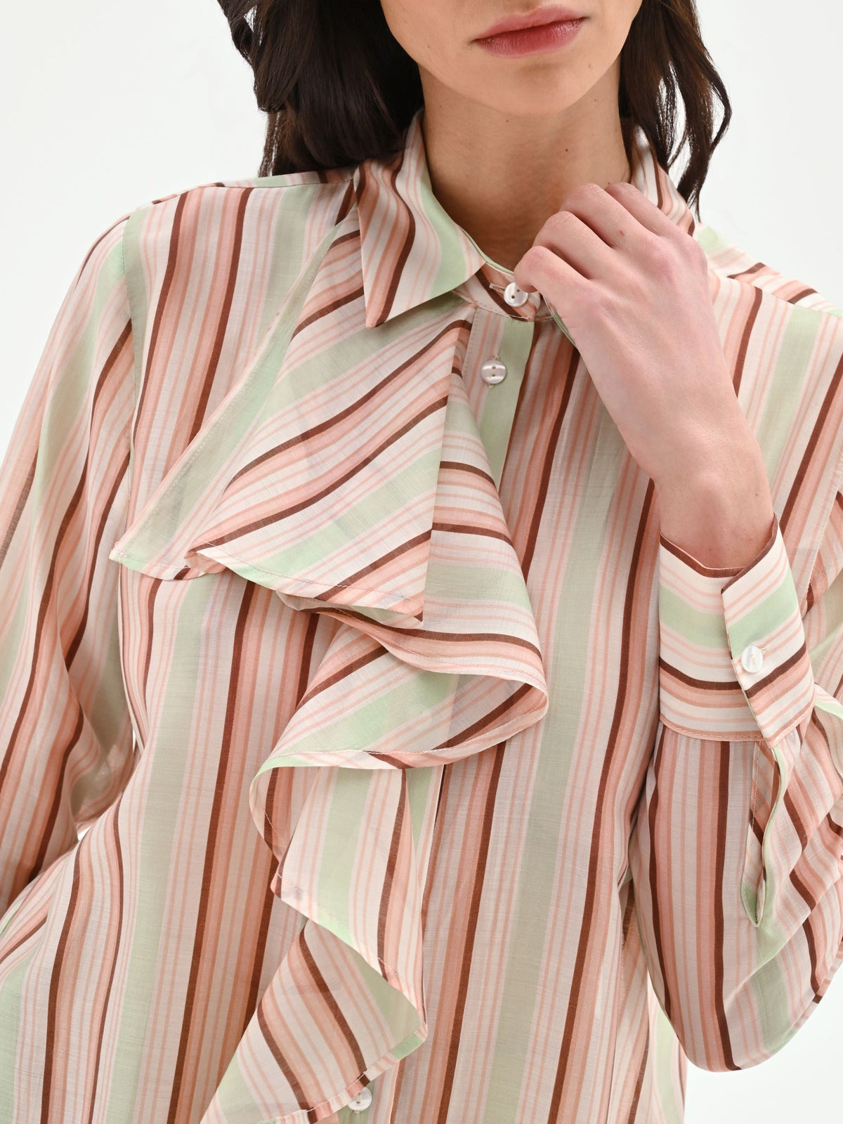 Camicia rosa a righe con rouche