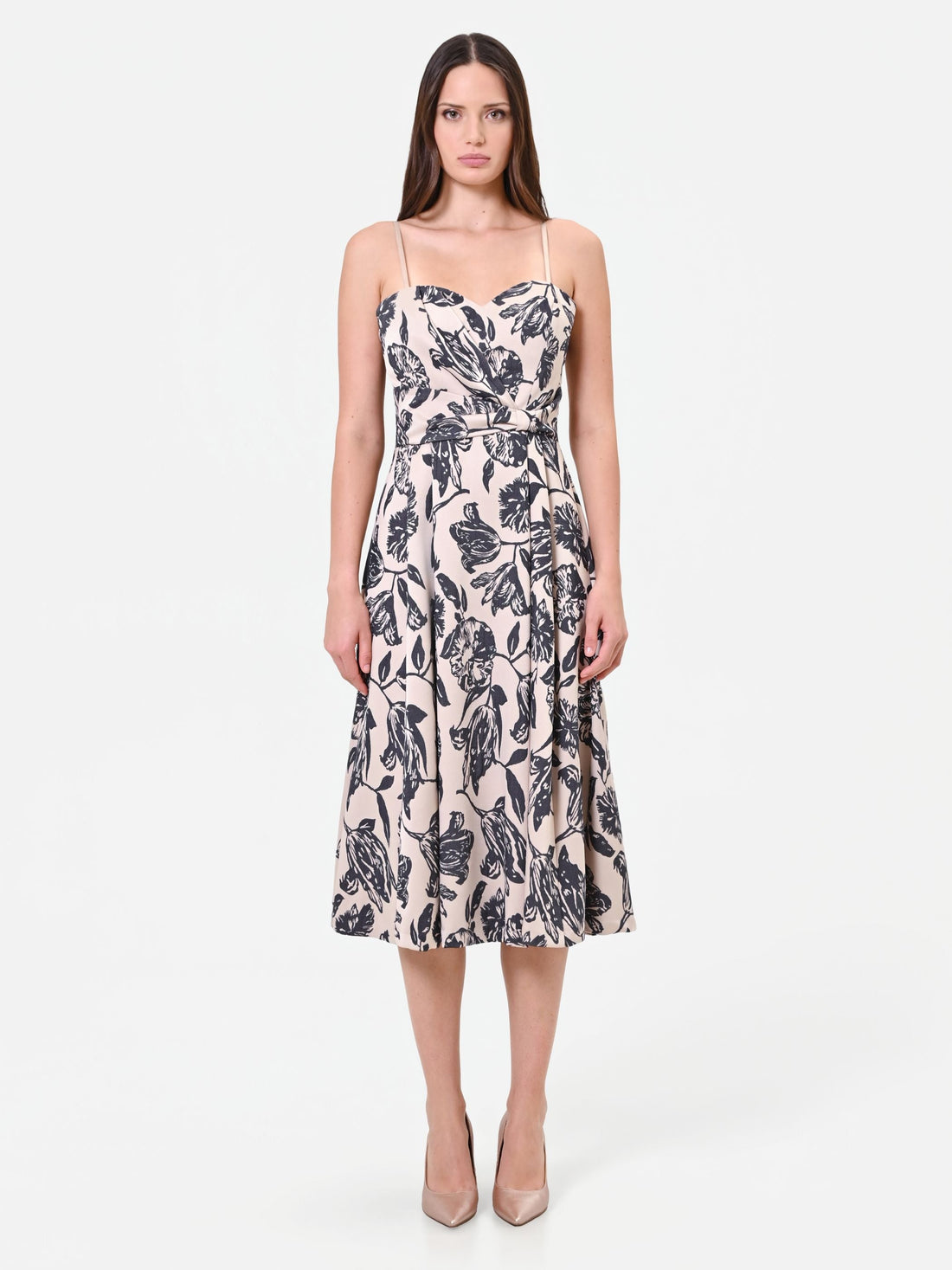 Abito midi in jacquard con stampa floreale blu navy