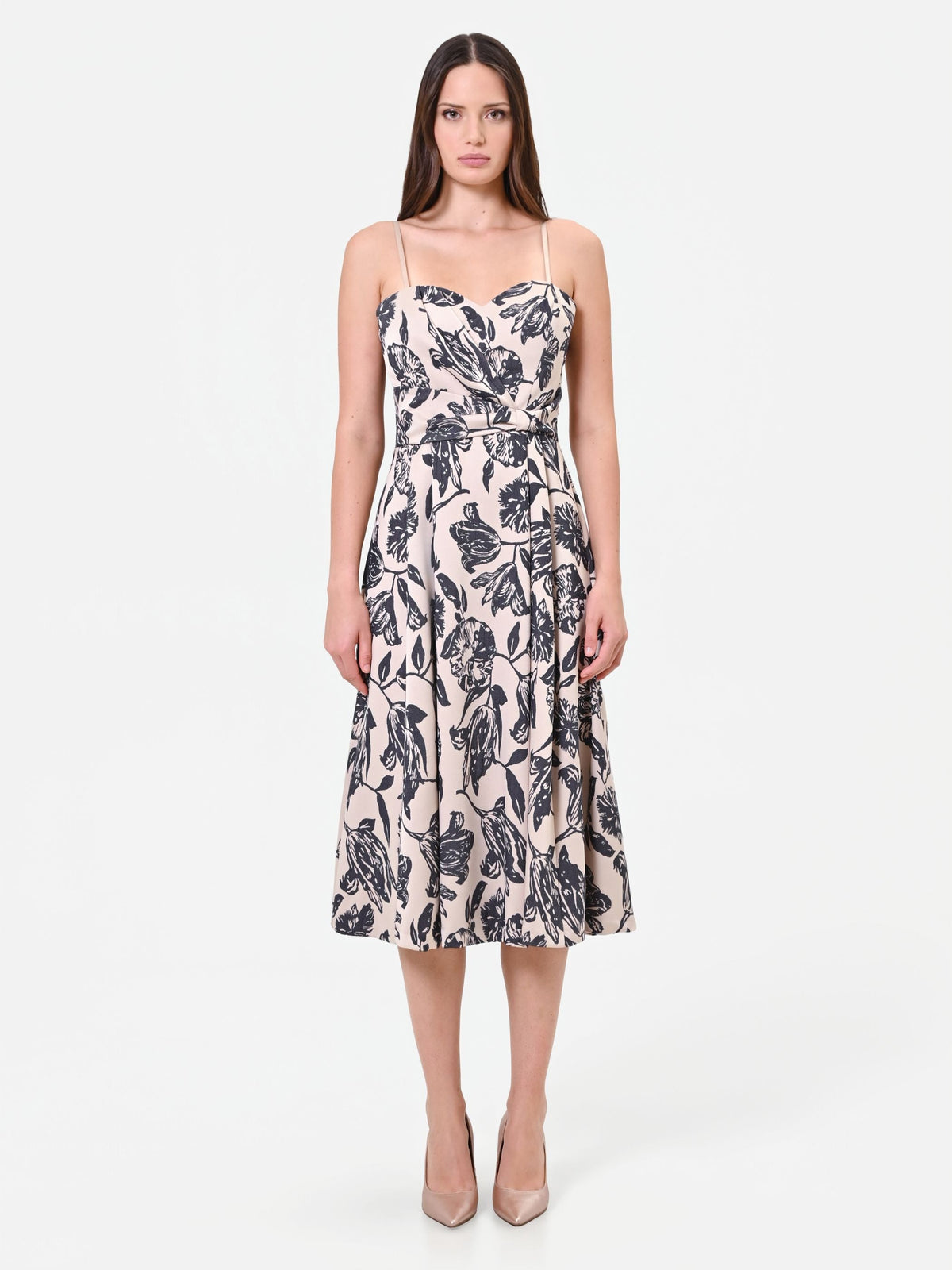 Abito midi in jacquard con stampa floreale blu navy