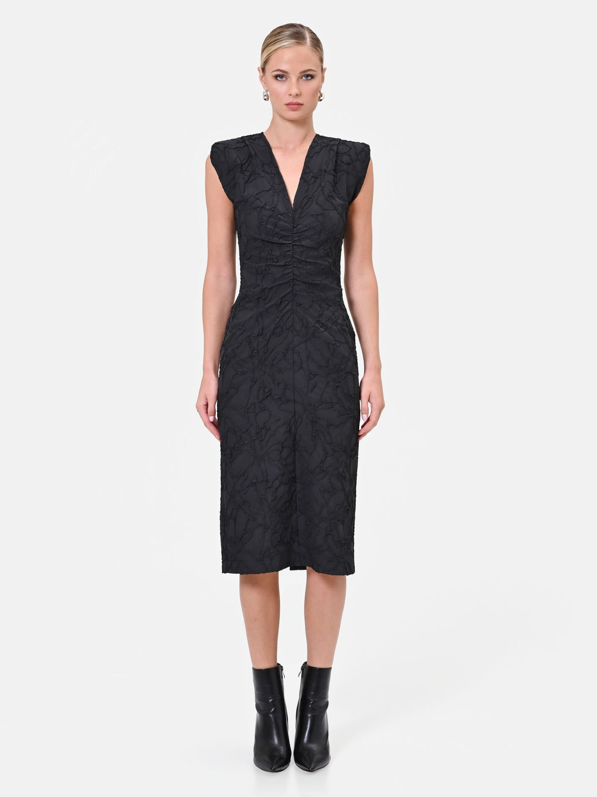 Abito tubino nero con drappeggio in tessuto jacquard