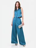 Pantalone palazzo blu ottanio in raso