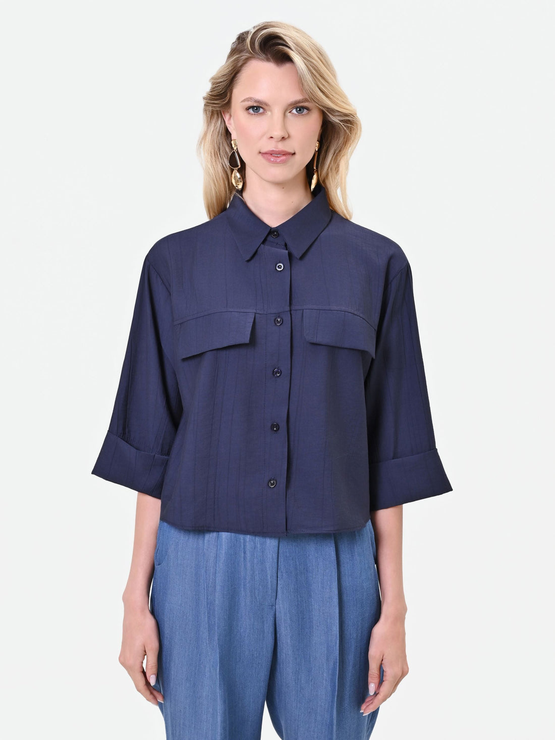 Camicia blu taglio boxy in viscosa