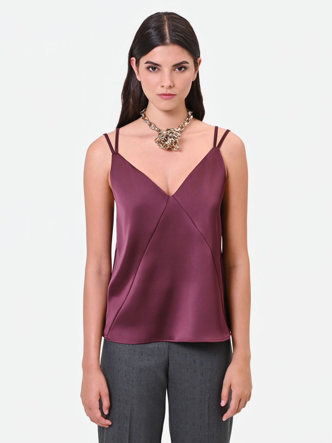 Top in raso bordeaux rosso con doppie spalline Giorgia Palmas X Rinascimento
