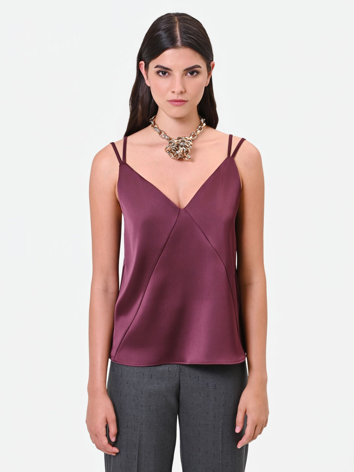 Top in raso bordeaux rosso con doppie spalline Giorgia Palmas X Rinascimento