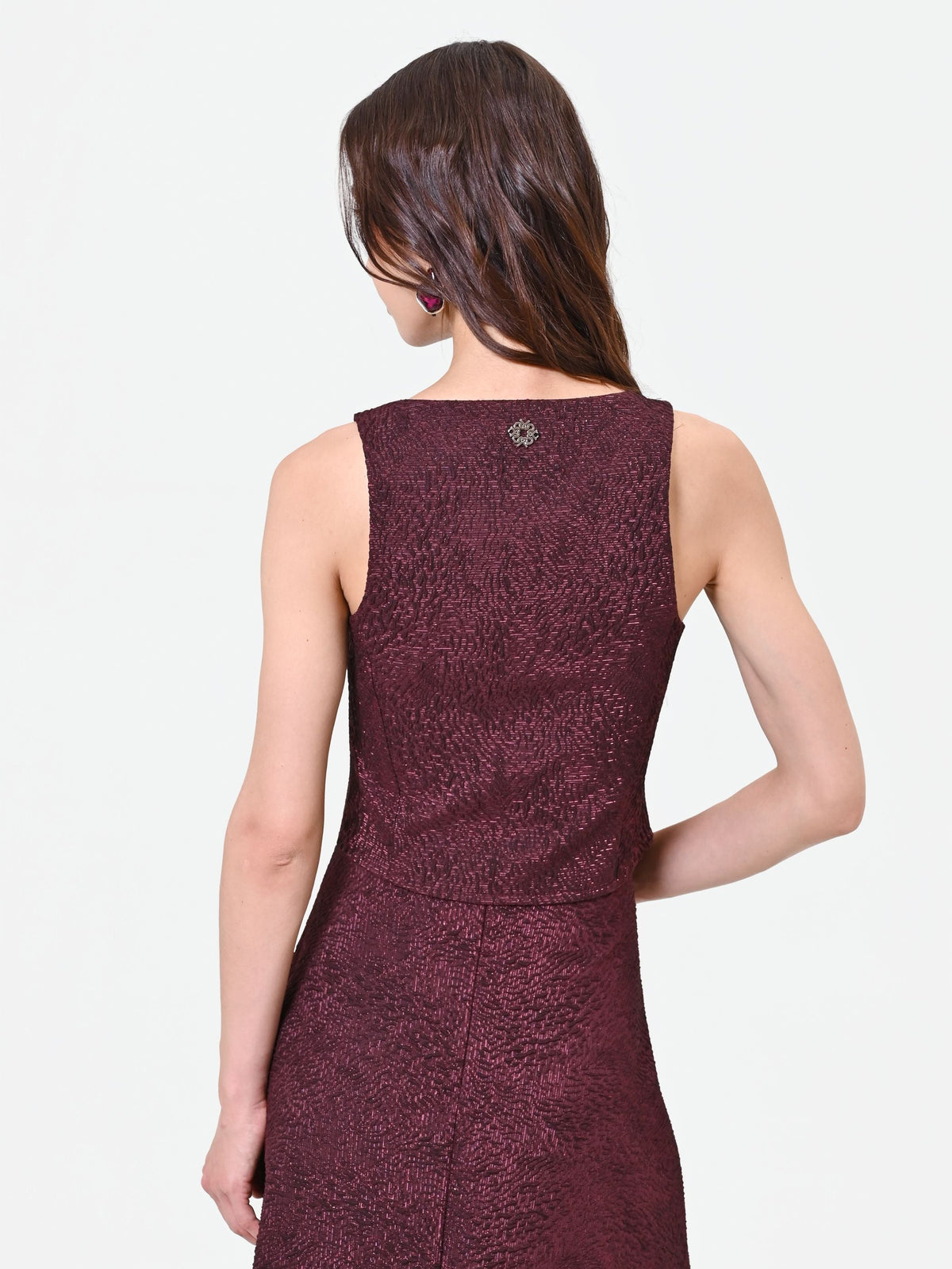 Top bordeaux in tessuto jacquard lamé