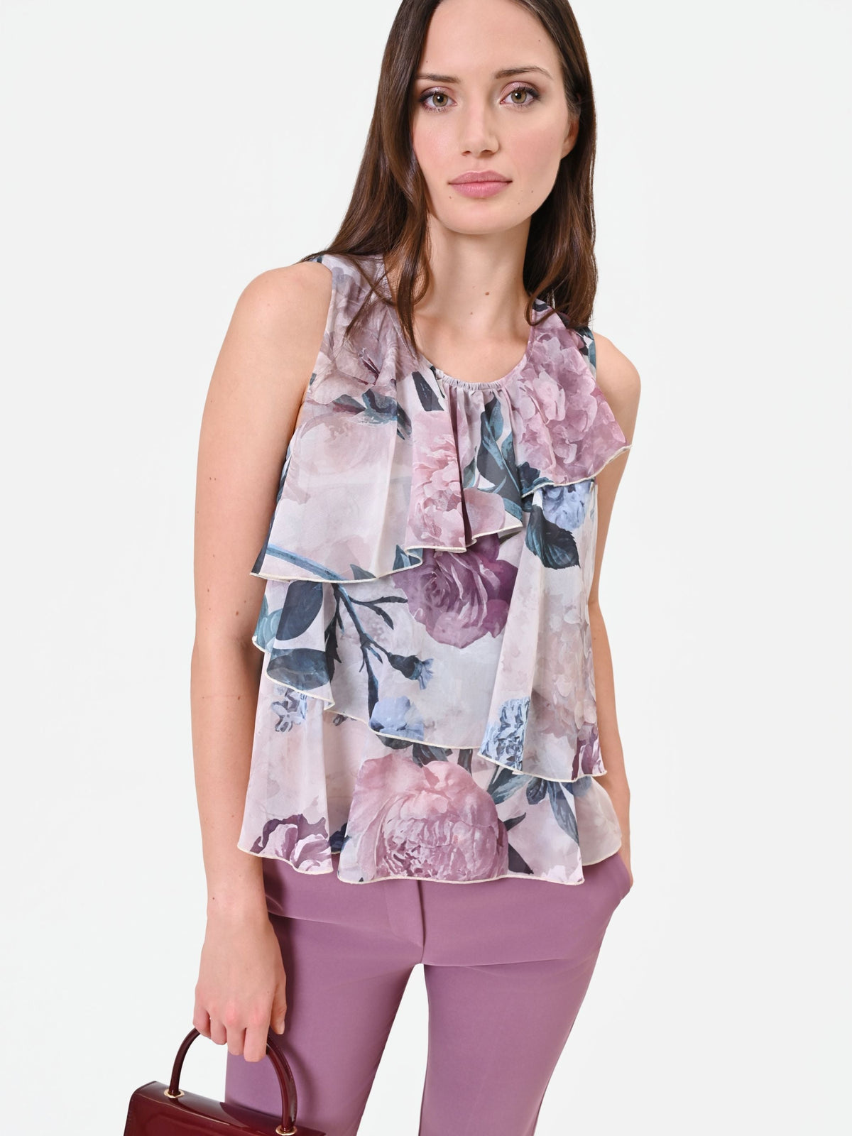 Top rosa antico con balze e stampa floreale