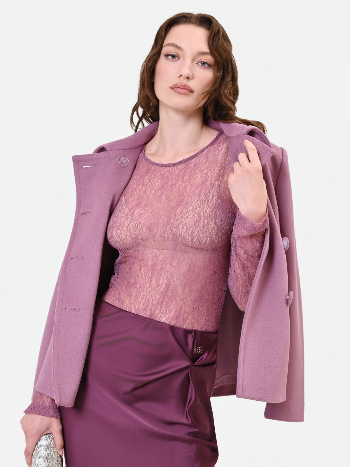 Top velato in pizzo rosa antico