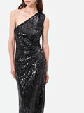 Abito lungo nero monospalla con paillettes