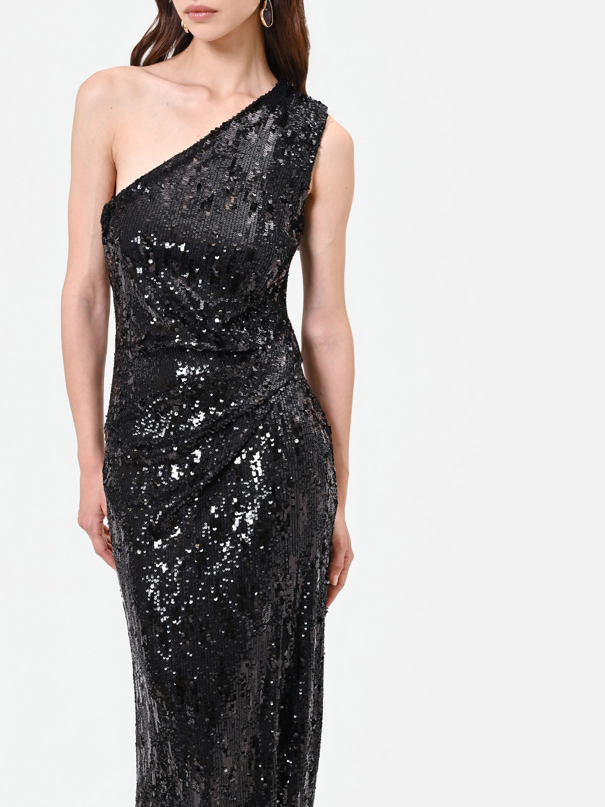 Abito lungo nero monospalla con paillettes