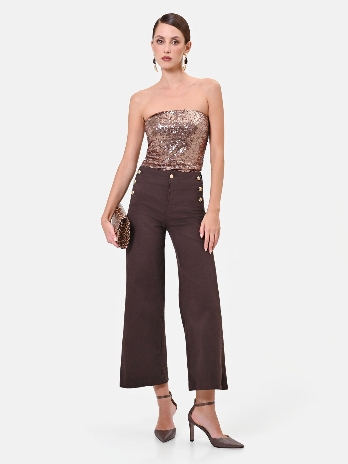 Pantaloni cropped moro con bottoni dorati