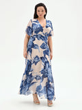 Abito lungo Curvy blu brillante con stampa floreale