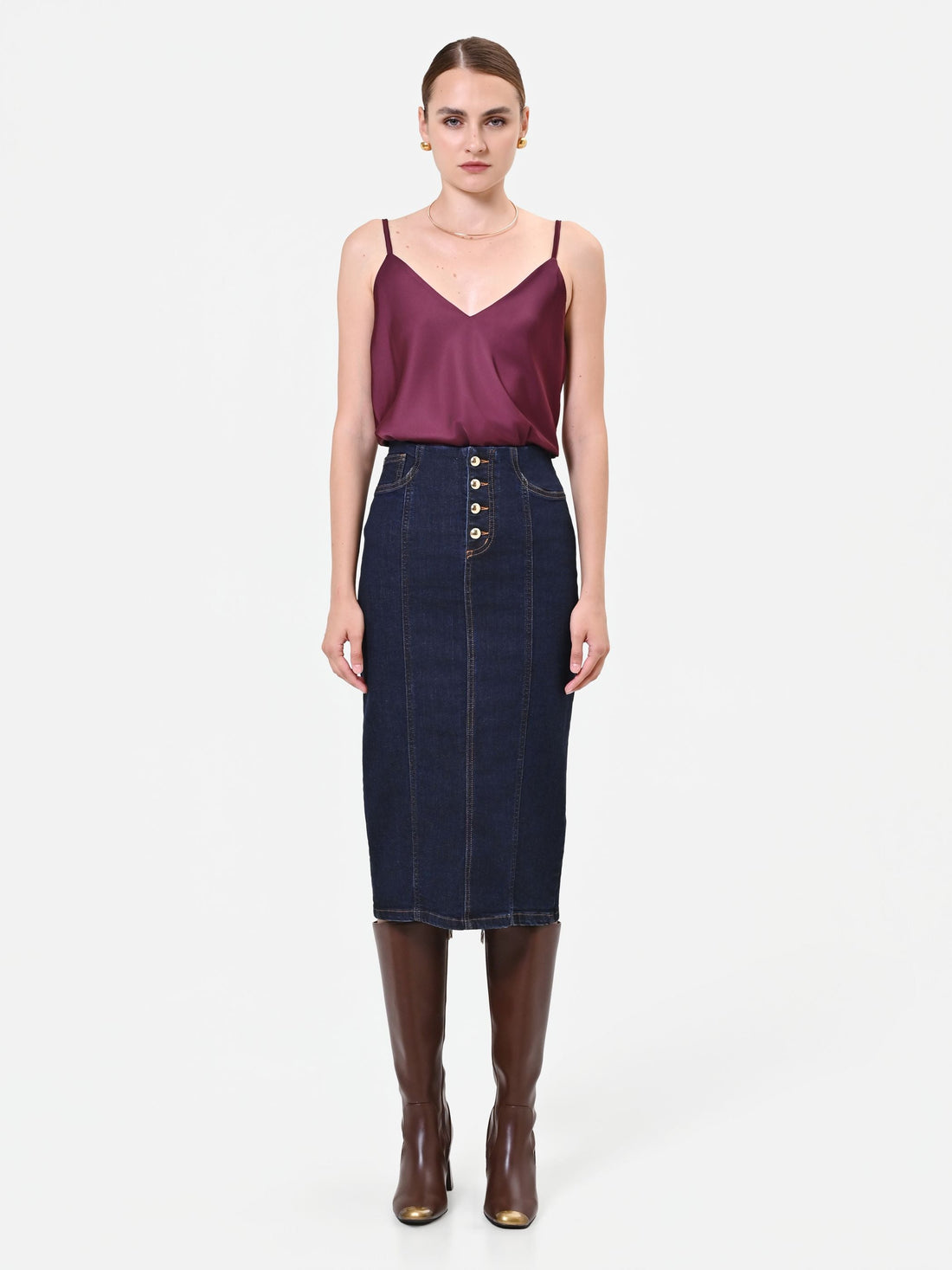 Gonna tubino blu navy in denim con bottoni dorati
