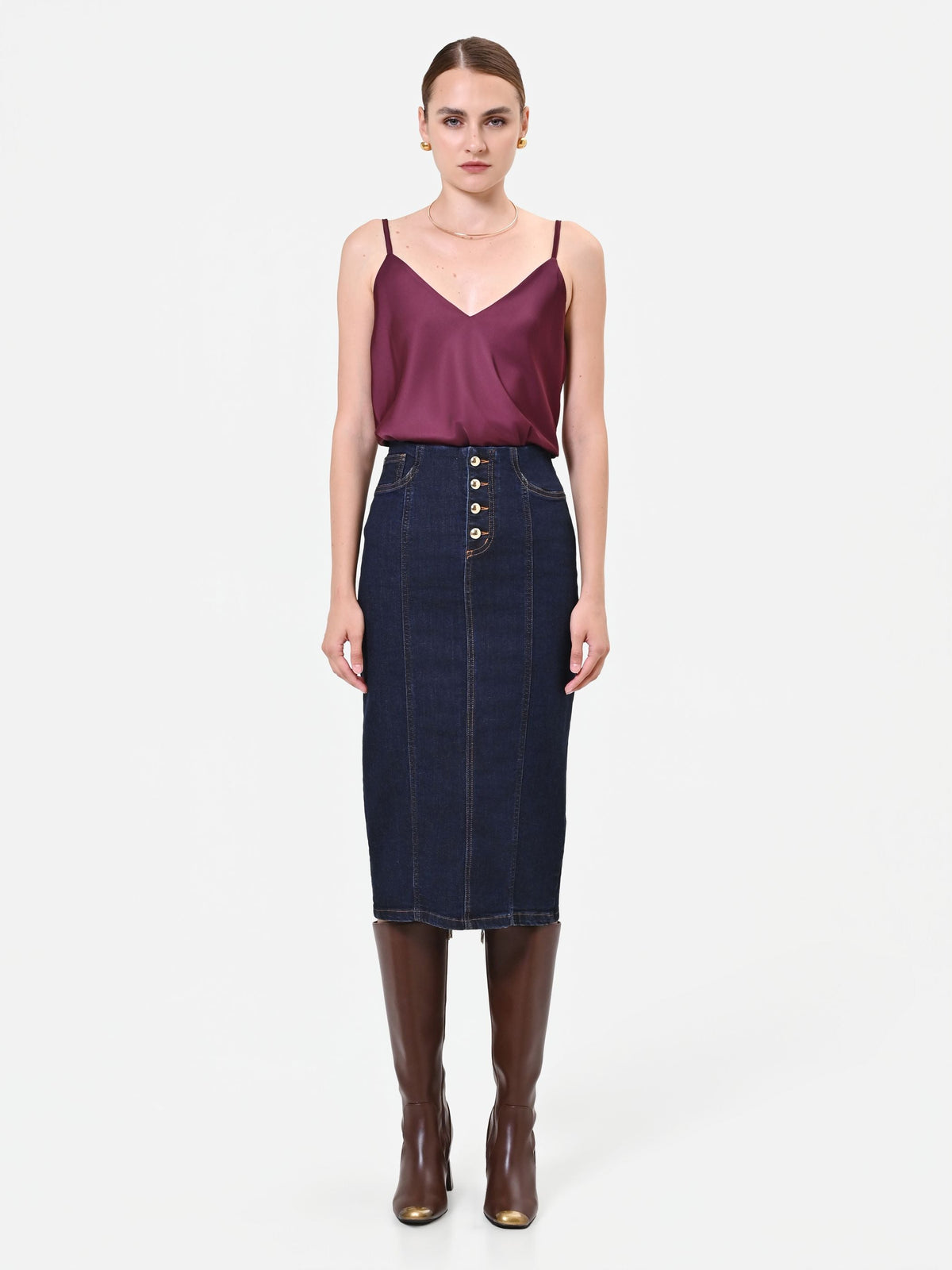 Gonna tubino blu navy in denim con bottoni dorati