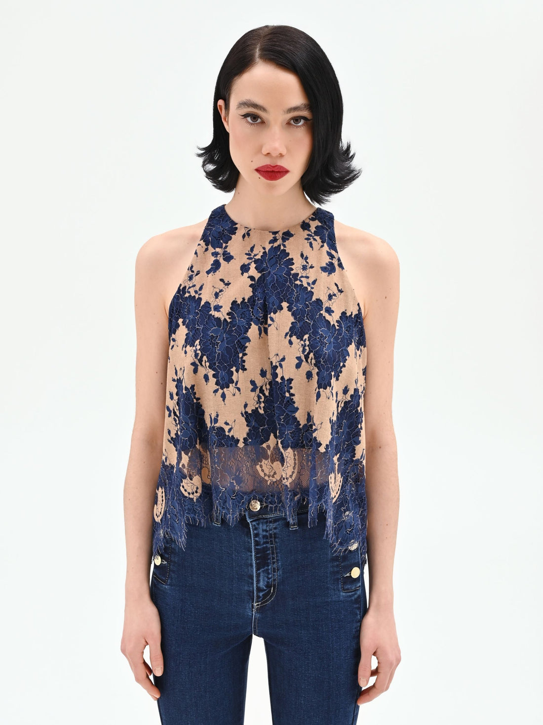 Top blu in pizzo macramè bicolore
