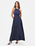 Abito lungo blu navy con scollo all'americana