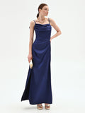 Abito atelier lungo blu indaco con corpetto drappeggiato
