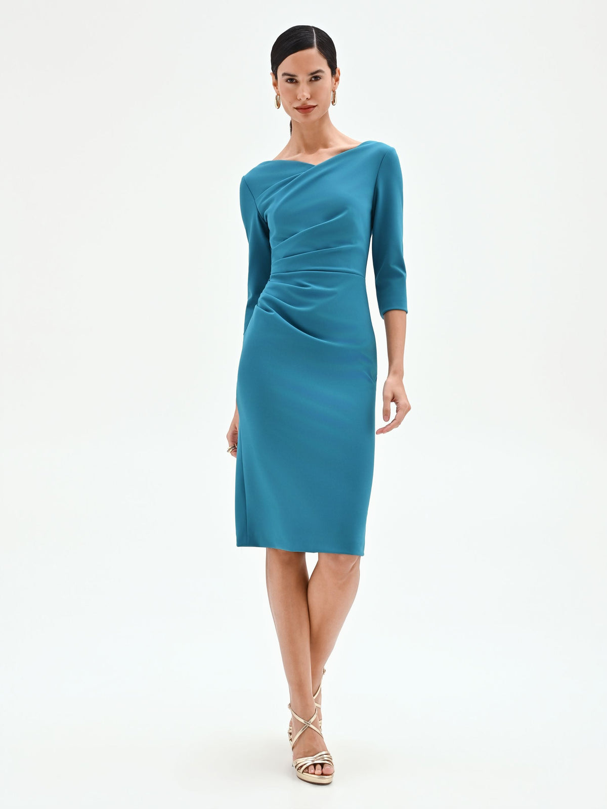Abito tubino blu ottanio con drappeggio
